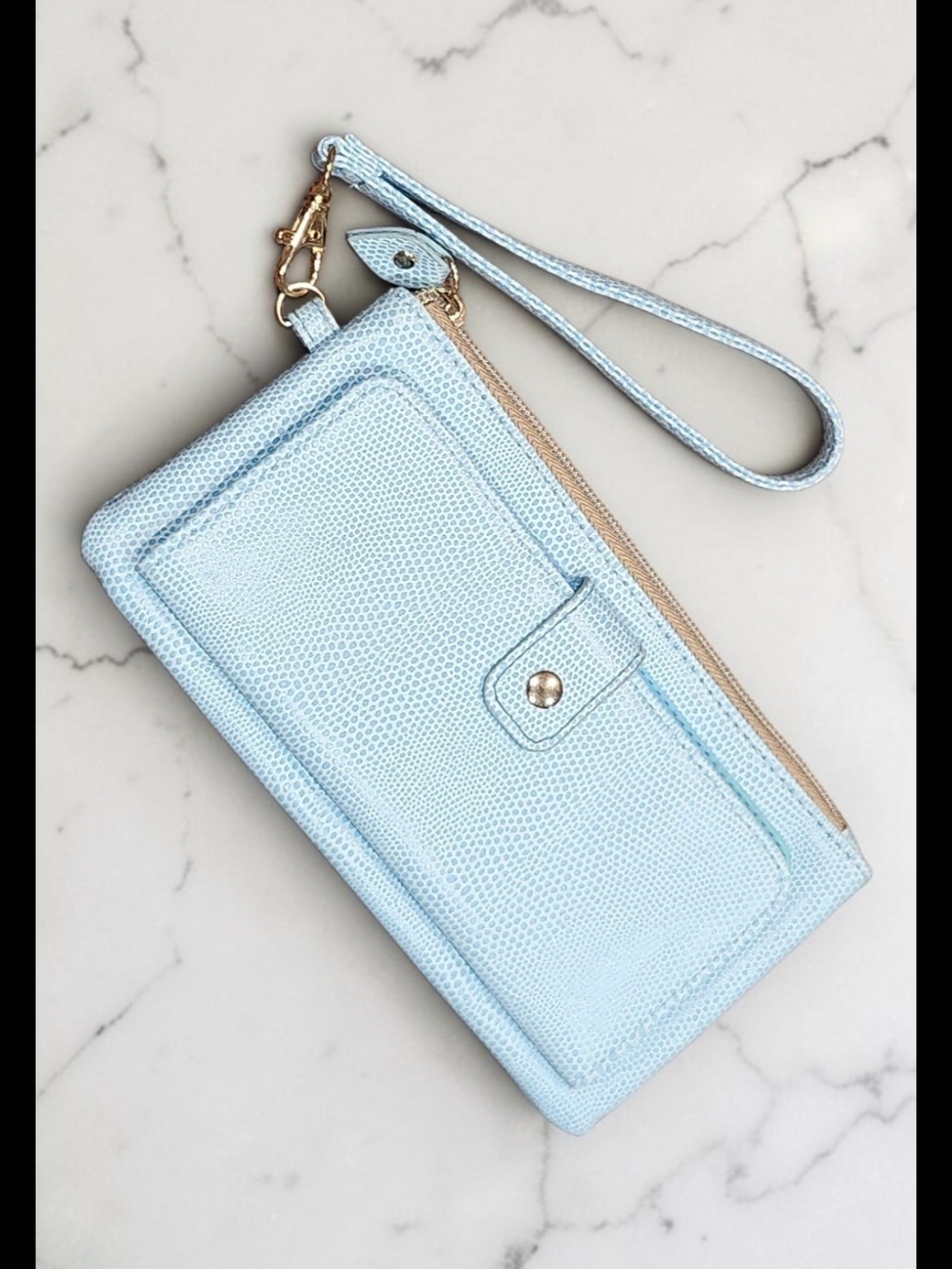 Light Blue Textured Wristlet Clutch with Snap Pocket